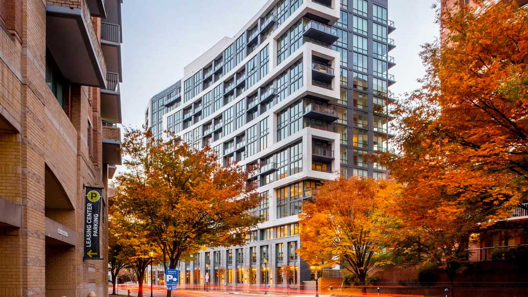 Large modern glass apartment building