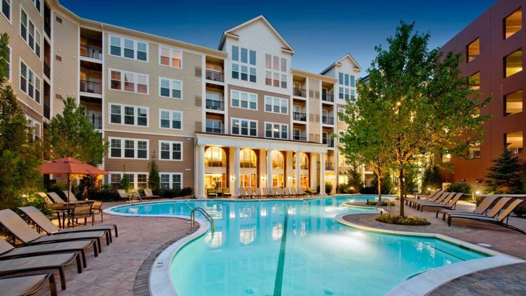 Modern apartment building with pool